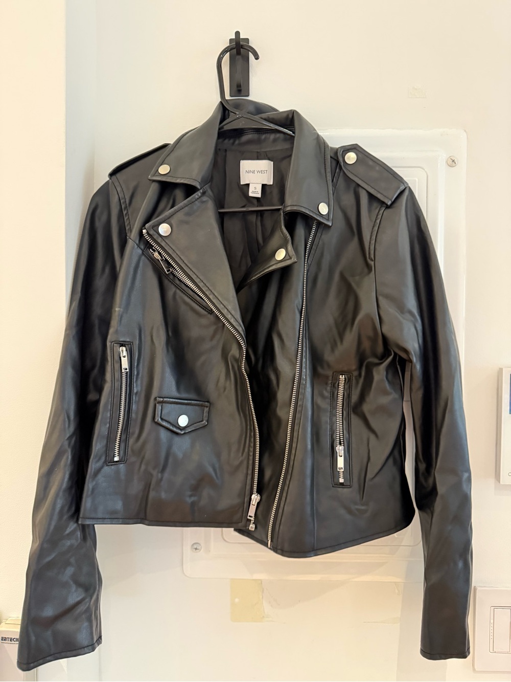 Nine West Black Faux Leather Moto Jacket with Silver Hardware